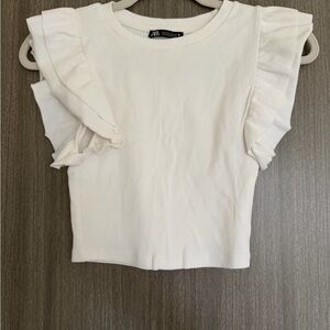 Zara Cream Ruffle Sleeve Ribbed Crop Top